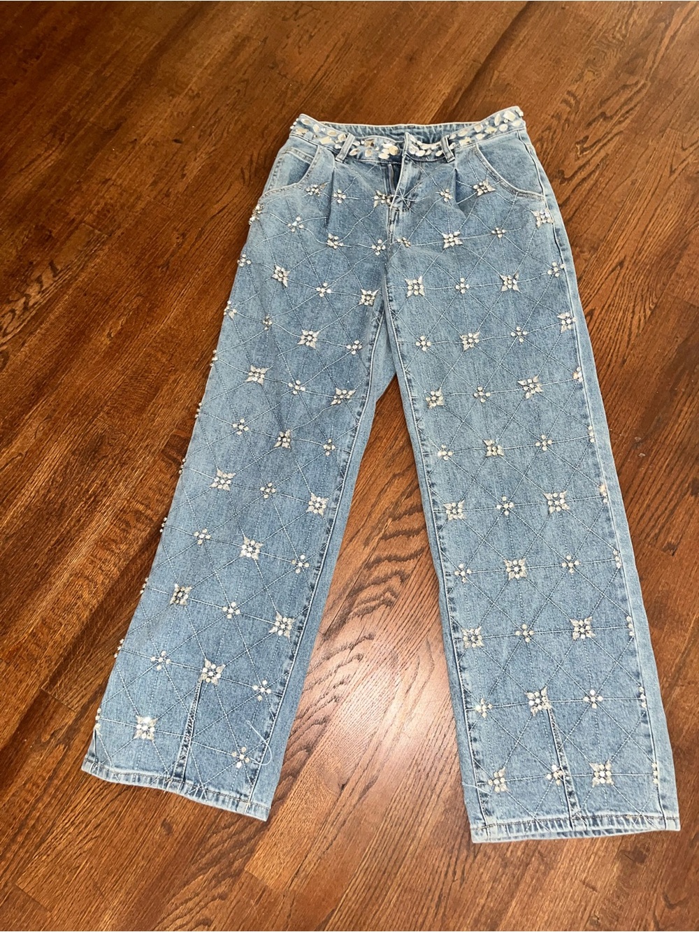 AKIRA Light Blue Embellished Wide Leg Jeans